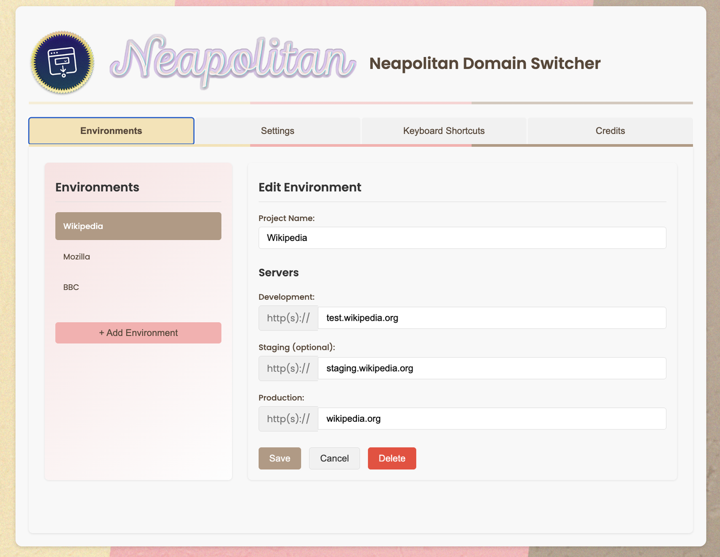 The Neapolitan options page showing environment configuration and the four built-in keyboard shortcut schemes