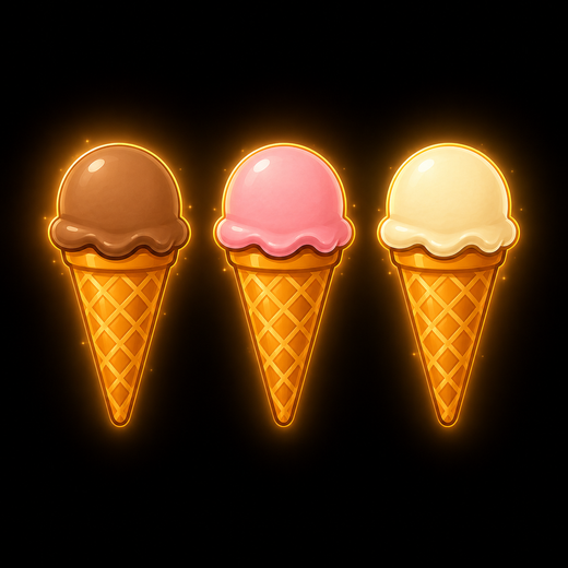 Three glowing single-scoop ice cream cones in a row — chocolate, strawberry, vanilla — like counting one, two, three